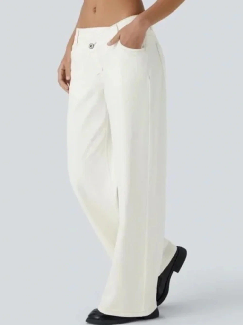 HALARA ASYMMETRIC WHITE STRETCH DENIM WIDE LEG JEANS PANTS SIZE XS NEW - Picture 2 of 16